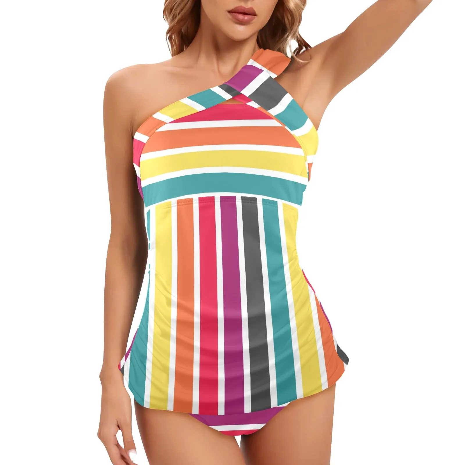 6 COLOR PALLETTE STRIPED FITTED SKIRT PRINT Women's One Shoulder Backless Swimsuit (Model S44)