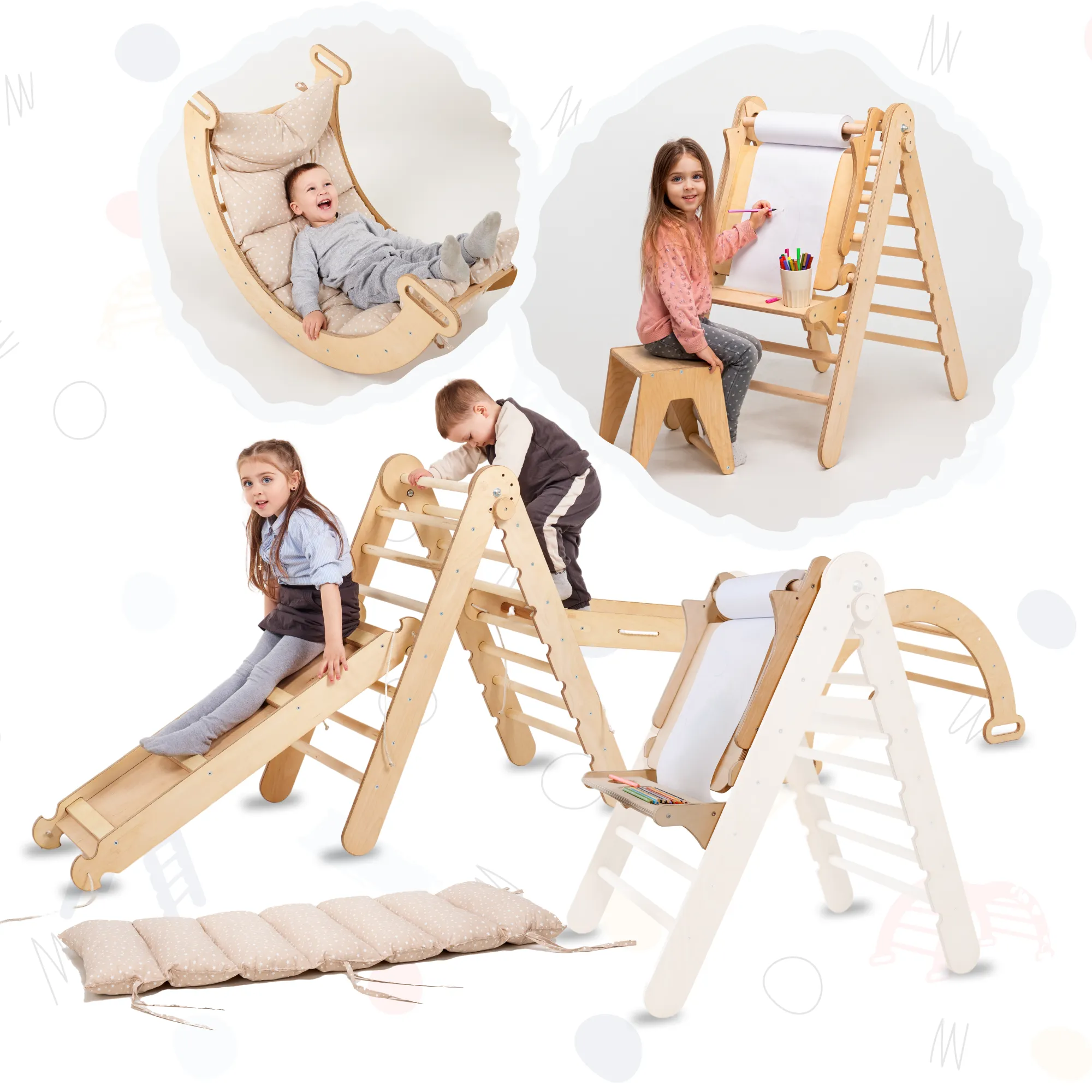 6in1 Montessori Climbing Frame Set: Triangle Ladder   Arch/Rocker   Slide/Ramp   Net   Cushion   Art Addition