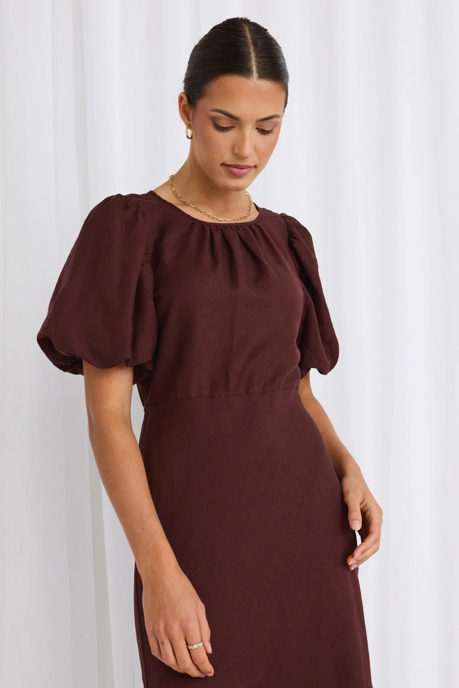 Astrid Cocoa Linen Blend Puff Sleeve Bias Dress