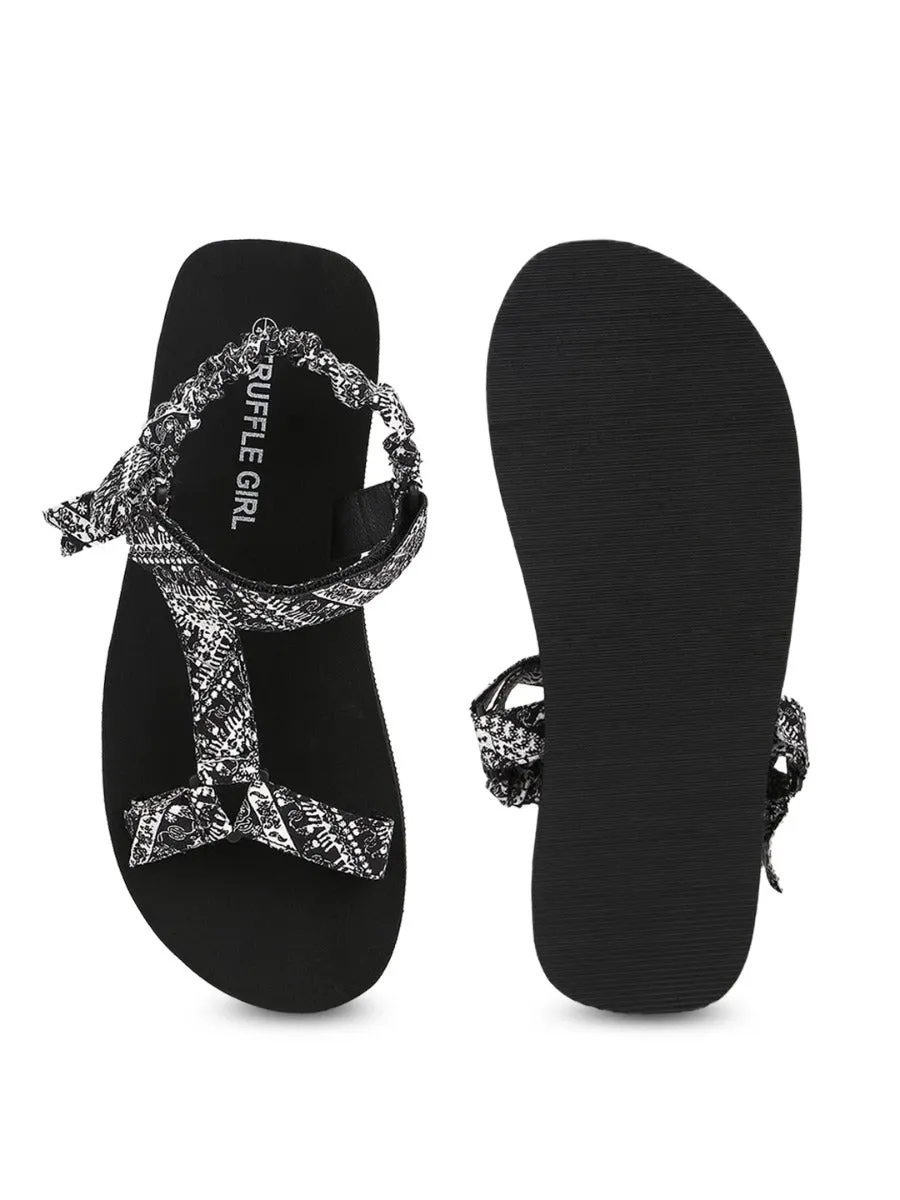 Black & White PU Printed Platform Sandals