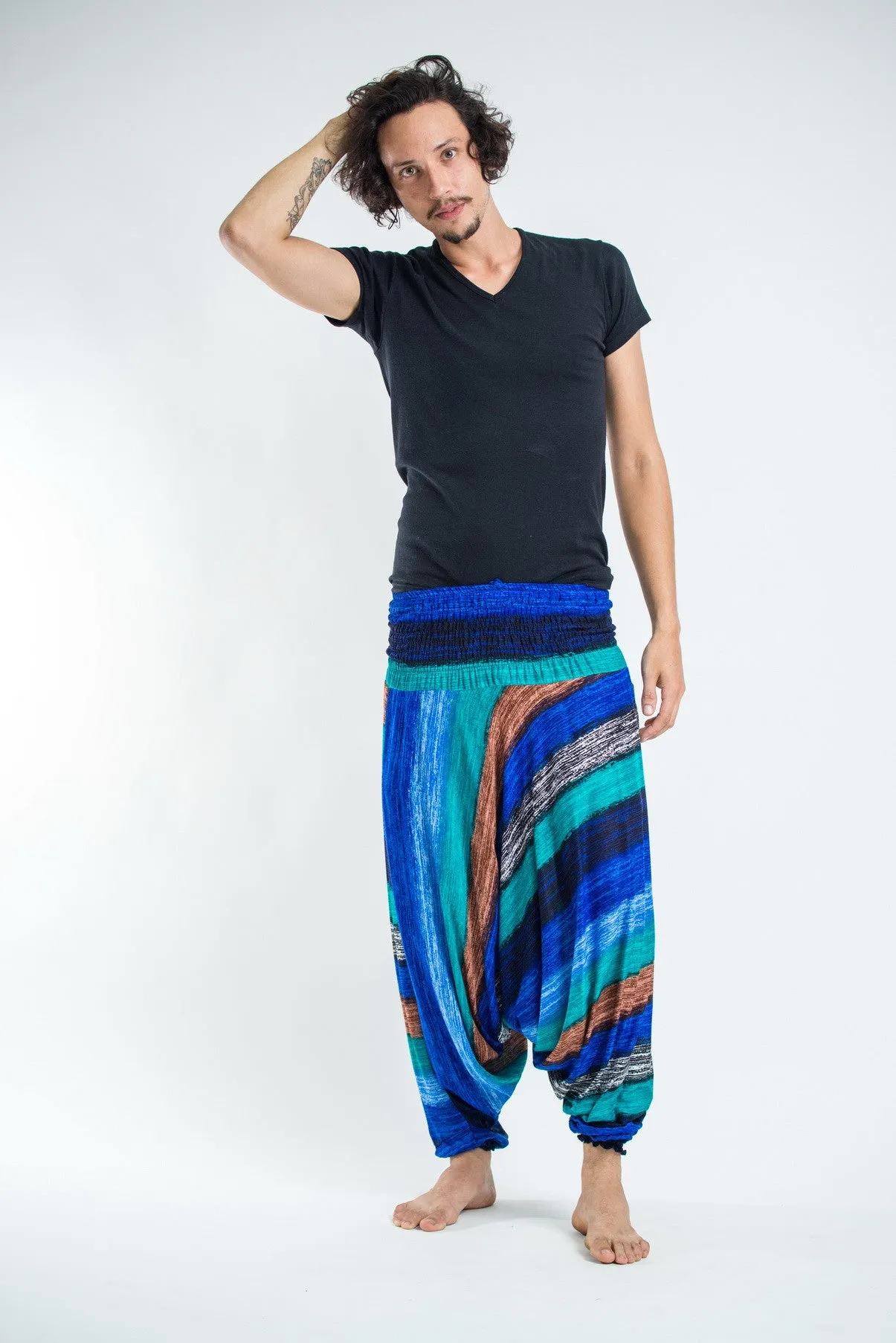 Boho Striped Drop Crotch Men's Harem Pants in Turquoise