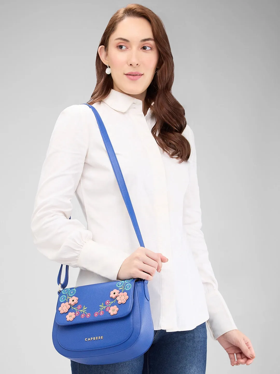 Caprese Erica Sling Medium Embroidered Women'S Stylish Bag Blue