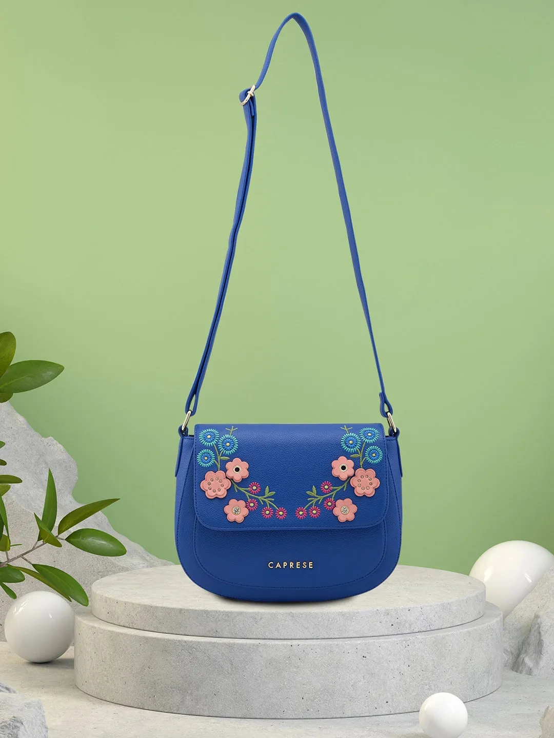 Caprese Erica Sling Medium Embroidered Women'S Stylish Bag Blue