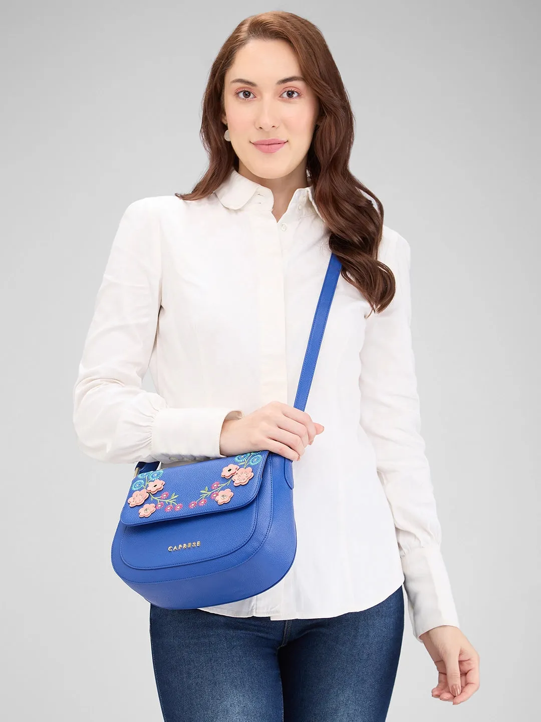 Caprese Erica Sling Medium Embroidered Women'S Stylish Bag Blue