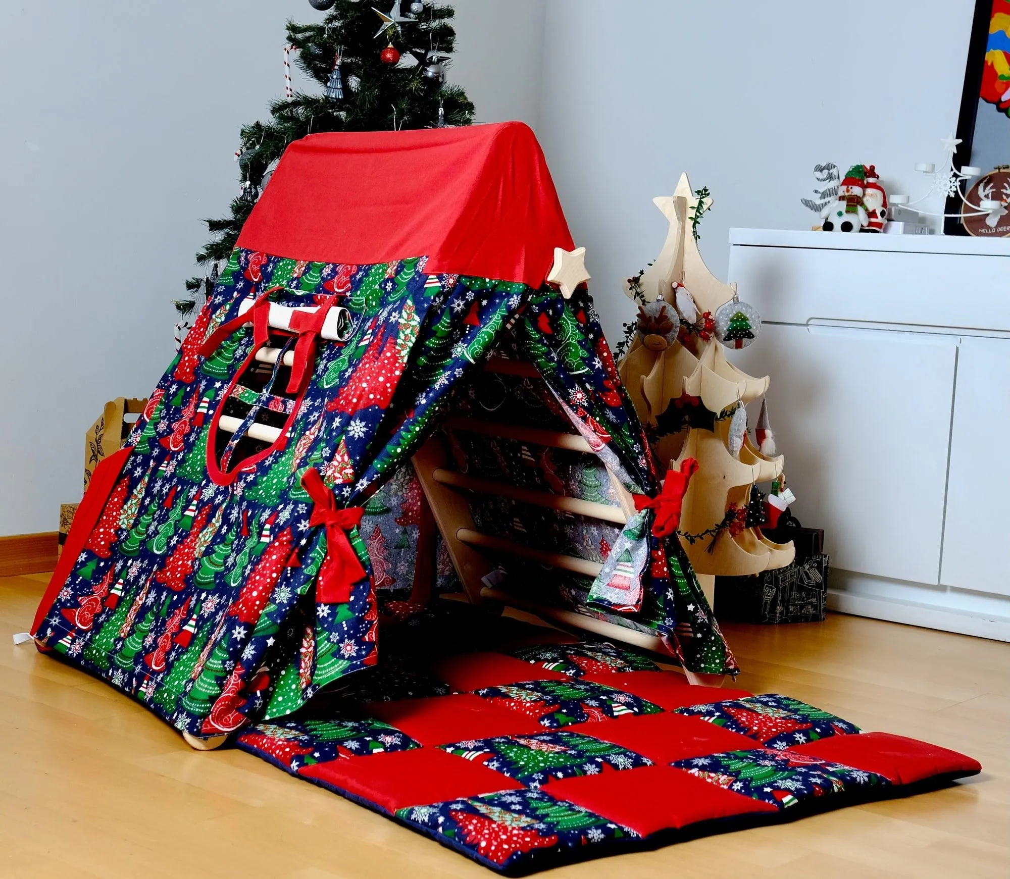 Climbing Triangle With Christmas Tent Cover, Mat, Ramp | Foldable Montessori Play Set