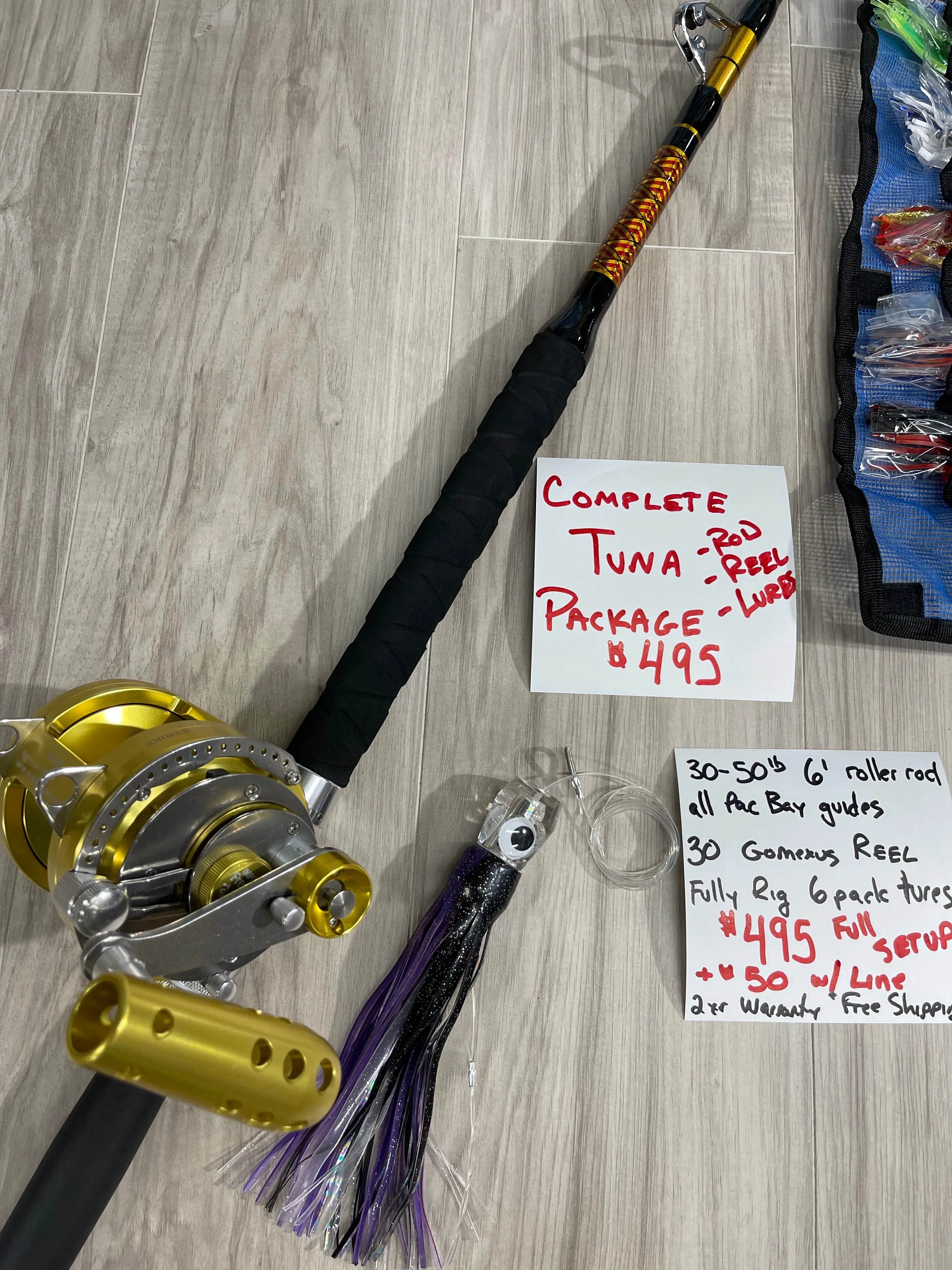 Complete Tuna Package (50lb Roller Rod, 30W Reel & 6pack Trolling Lures)