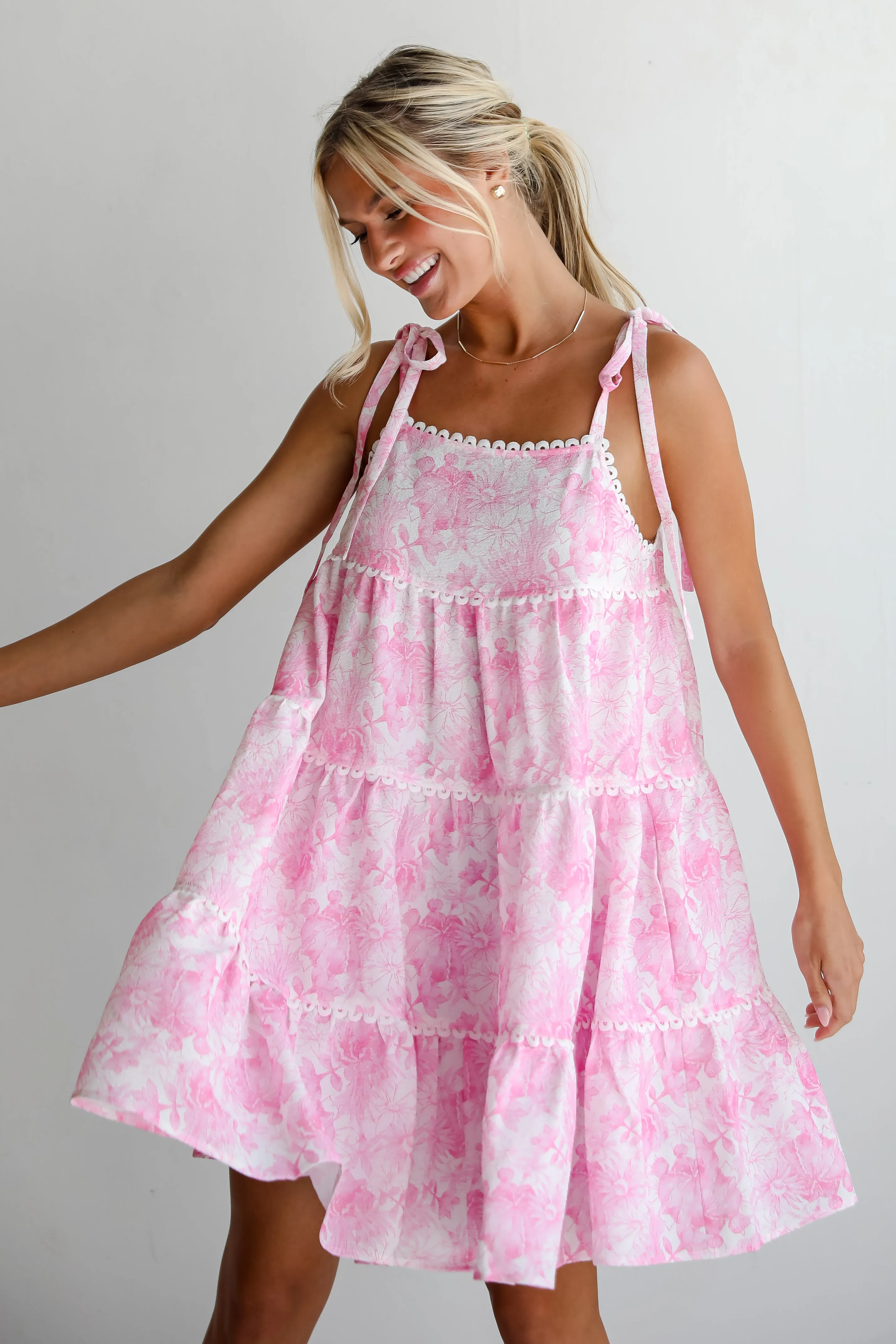 Delicate Addition Pink Floral Tiered Mini Dress