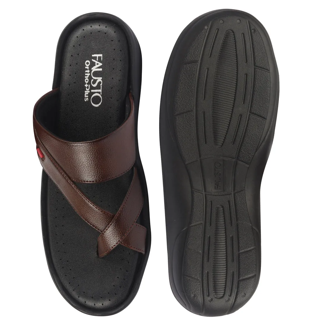 FAUSTO Men Tan Toe Ring Flat Dress Slipper With Memory Cushioned|Multi Strap Slipper For Evening|Slippers For Kurta