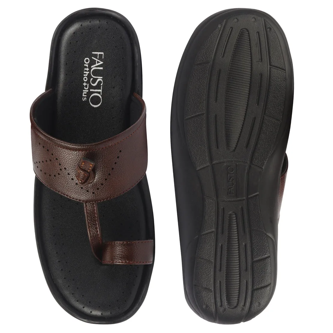 FAUSTO Men Tan Toe Ring Kohlapuri Slipper With Cushioned Footbed|Multi Strap Slipper For Evening