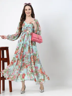 Floral Print Sea Green Long Dress