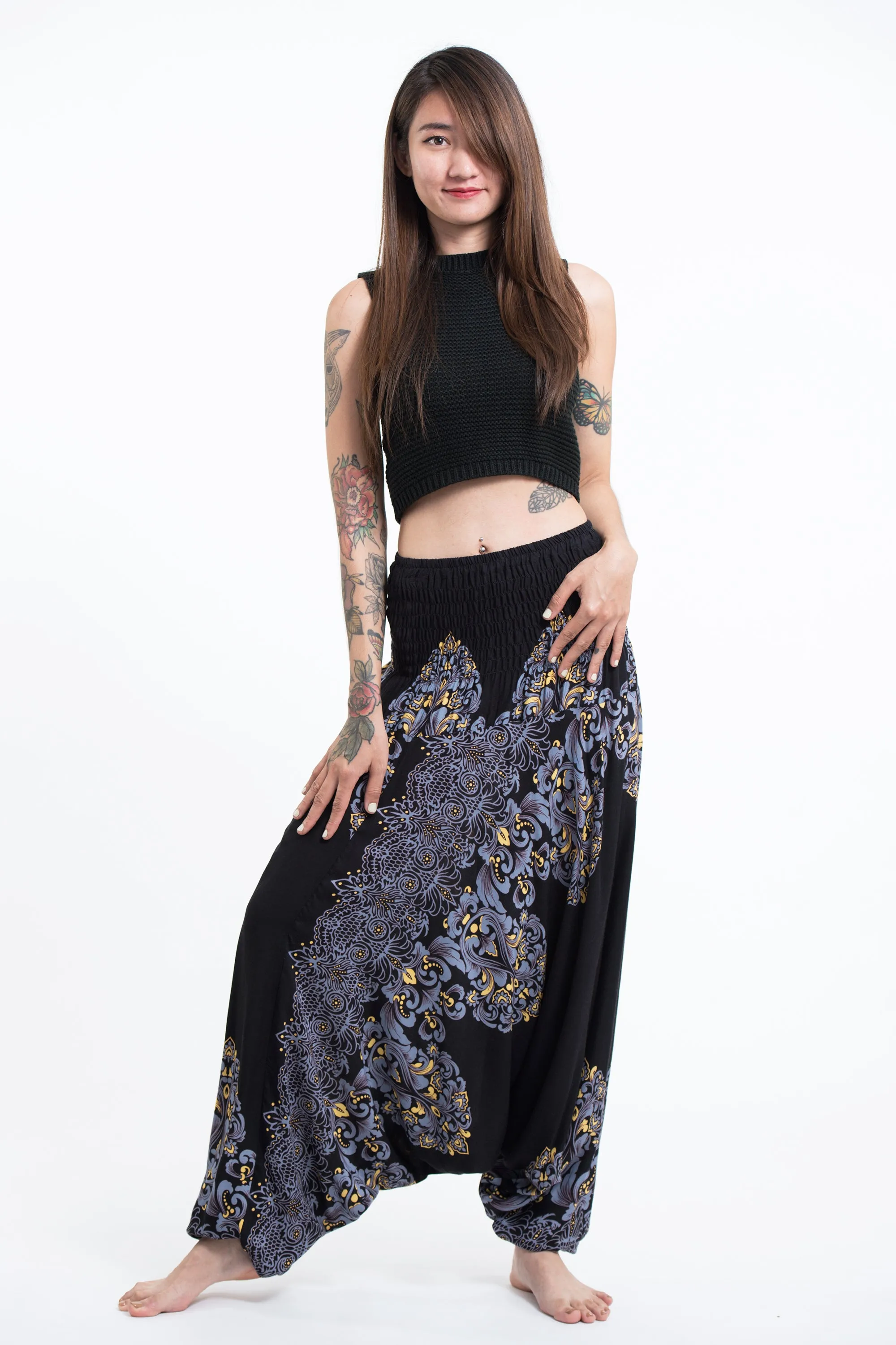 Floral Vines 2-in-1 Jumpsuit Harem Pants in Black