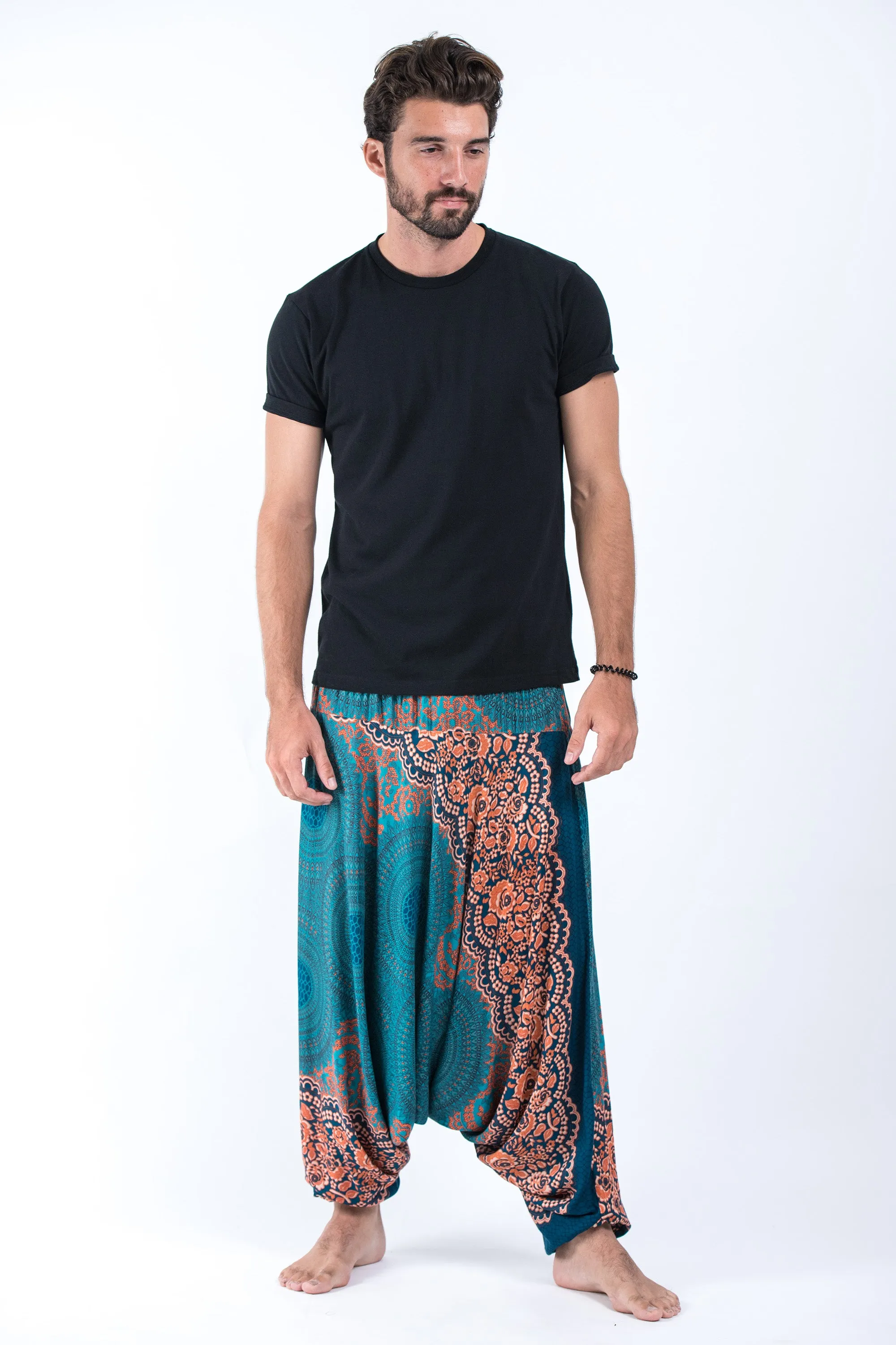 Geometric Mandalas Drop Crotch Men's Harem Pants in Turquoise