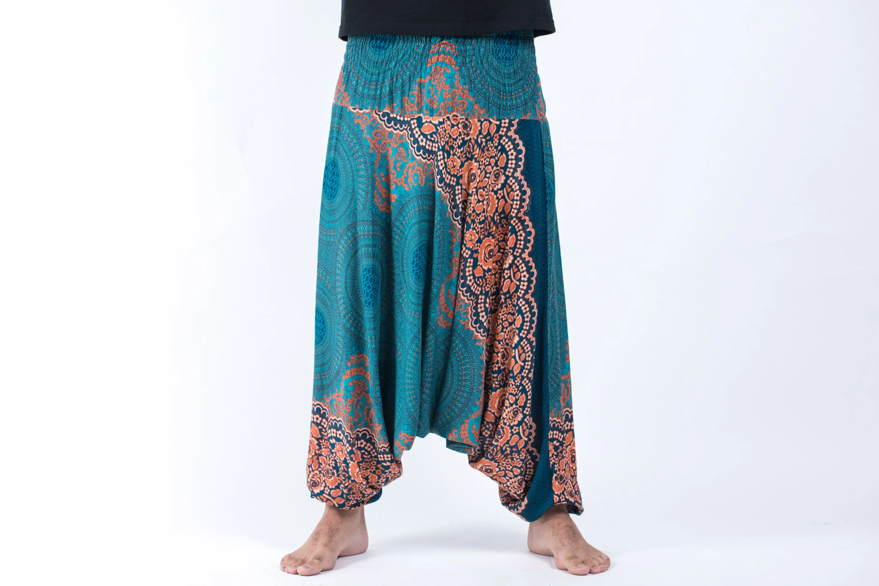 Geometric Mandalas Drop Crotch Men's Harem Pants in Turquoise