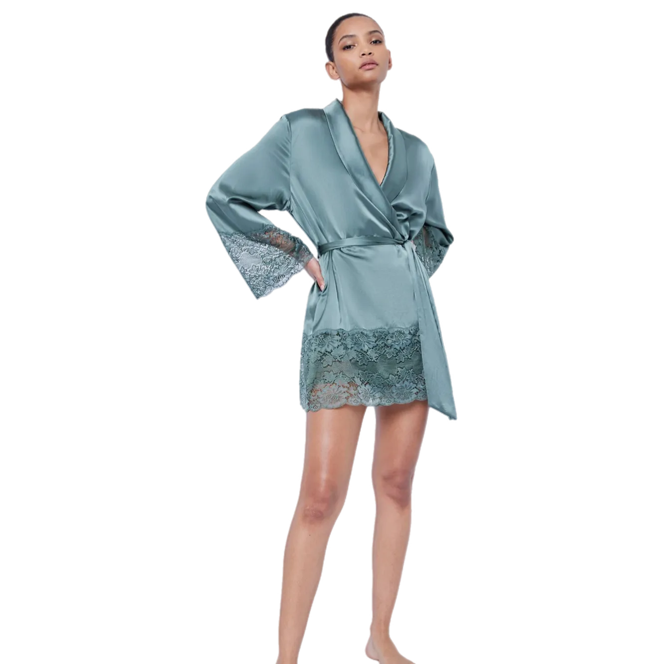 Ginia Silk Lace Robe Moss