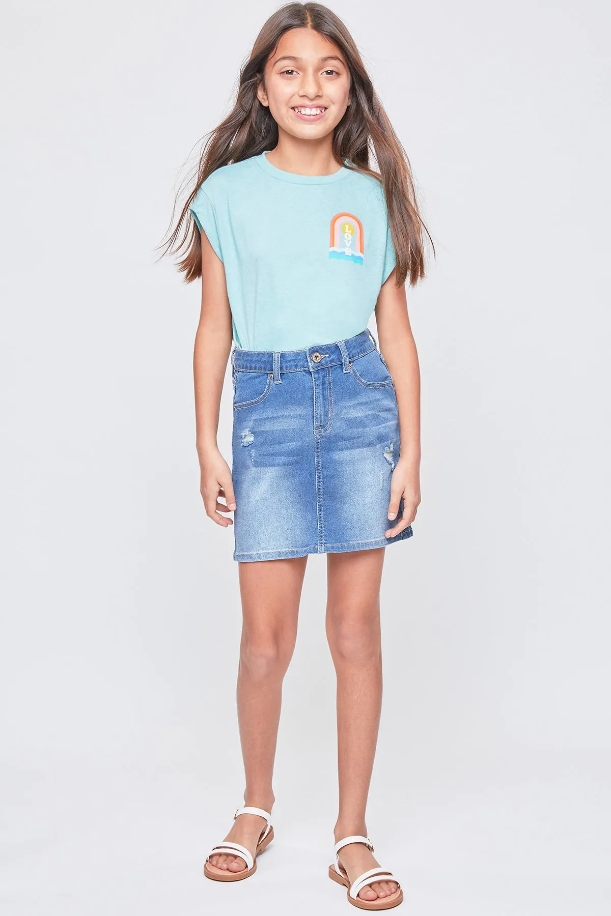 Girls' Essential High-Rise Basic Denim Skirt-Distressed