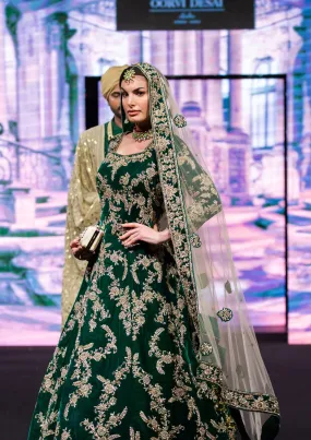 Glorious Green Velvet Gown trail With Beige Net Dupatta