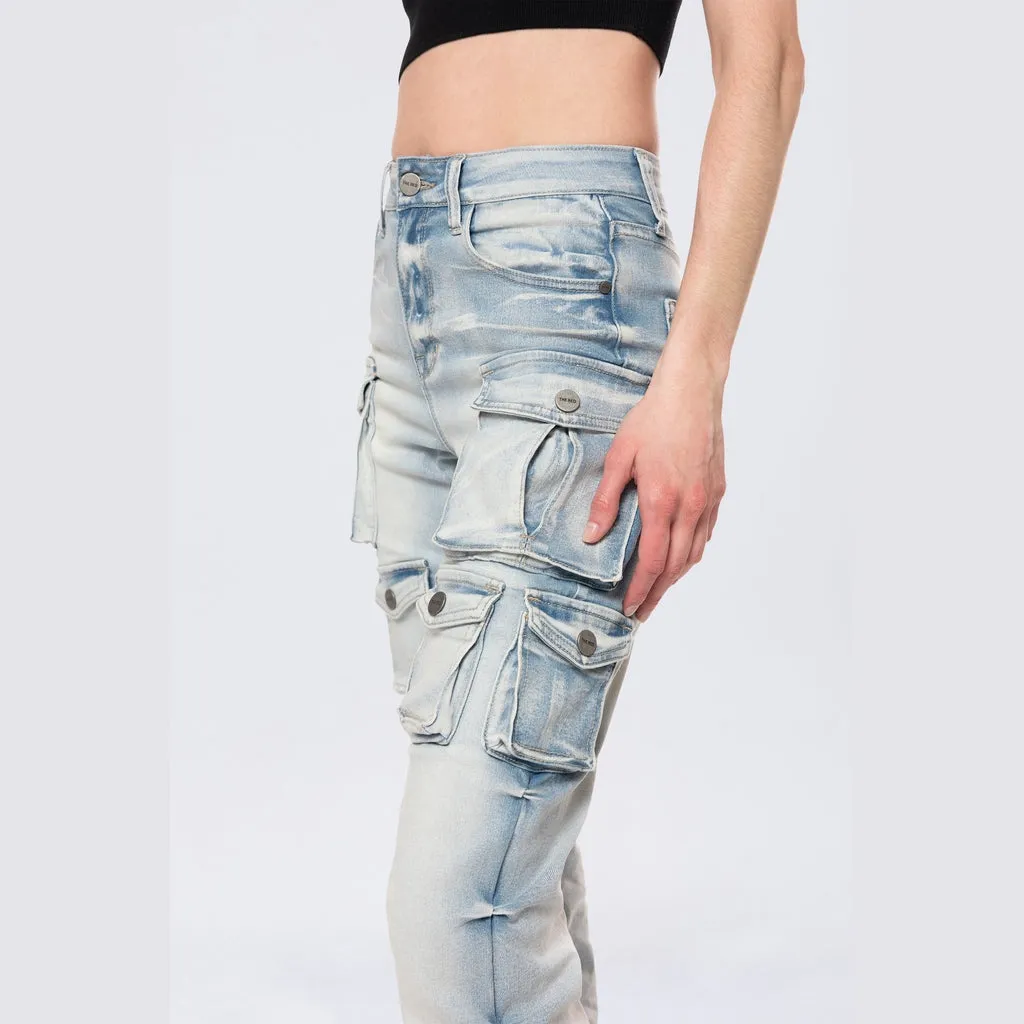 High Rise Stacked Cargo Jeans - Santorini Blue