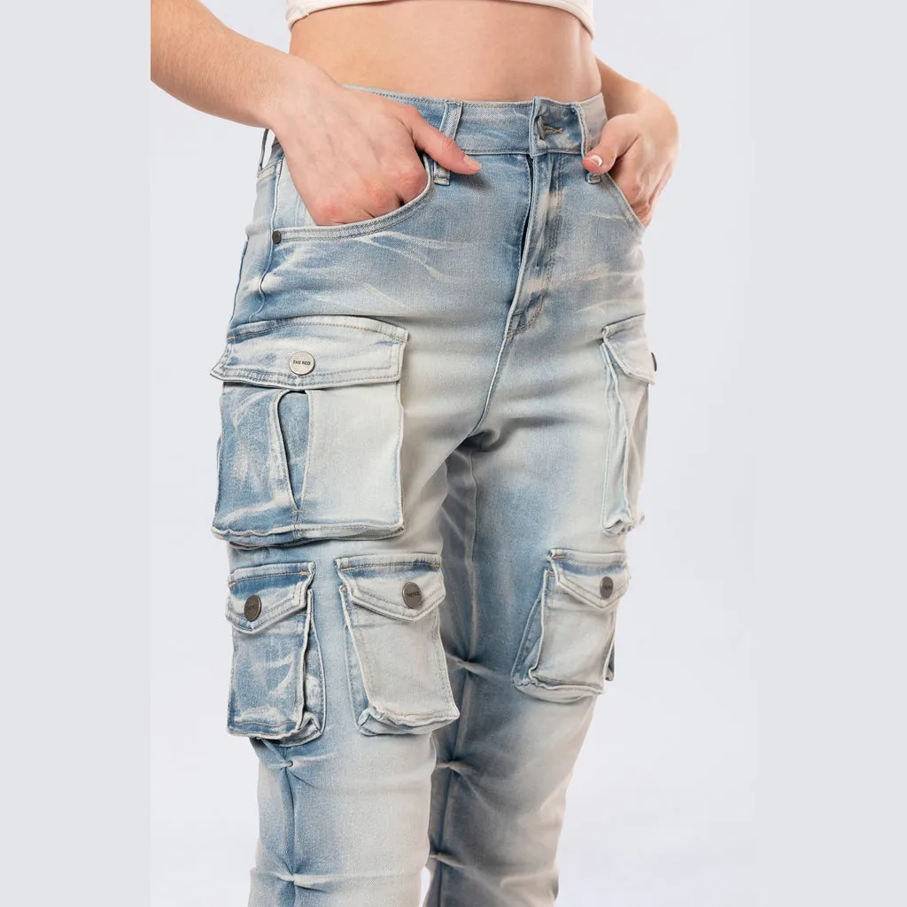 High Rise Stacked Cargo Jeans - Santorini Blue