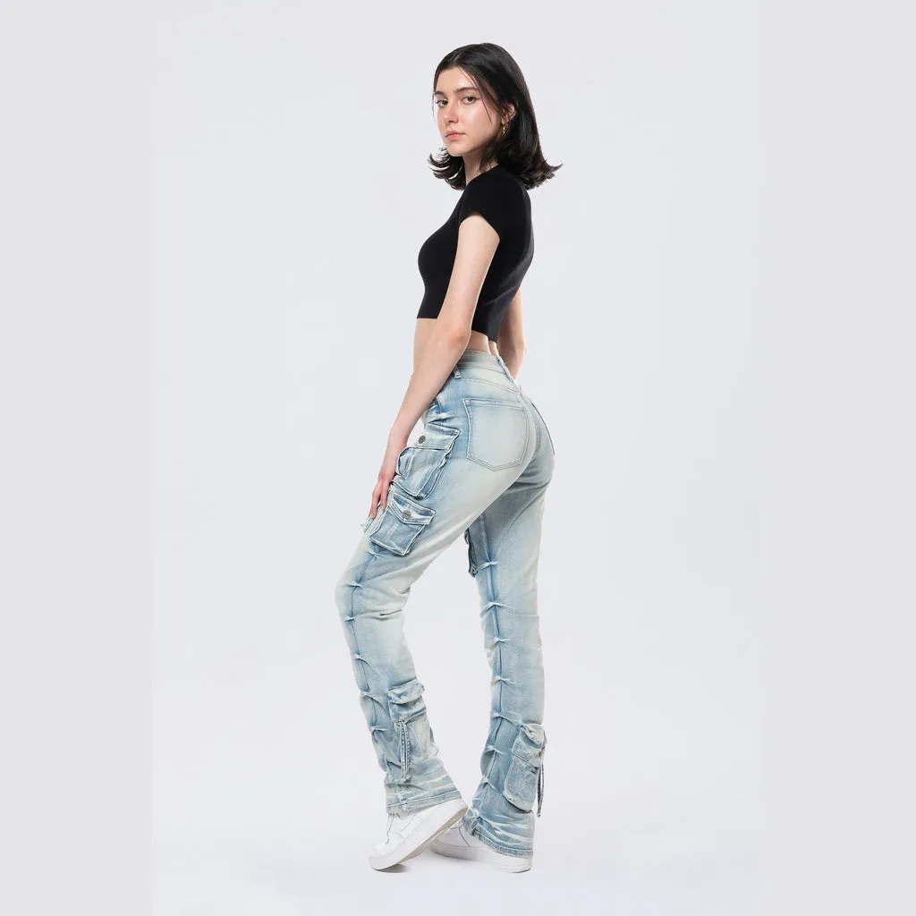 High Rise Stacked Cargo Jeans - Santorini Blue