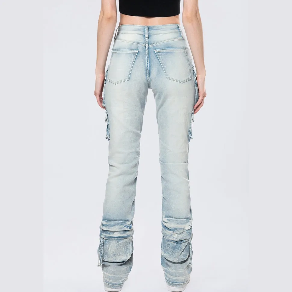 High Rise Stacked Cargo Jeans - Santorini Blue