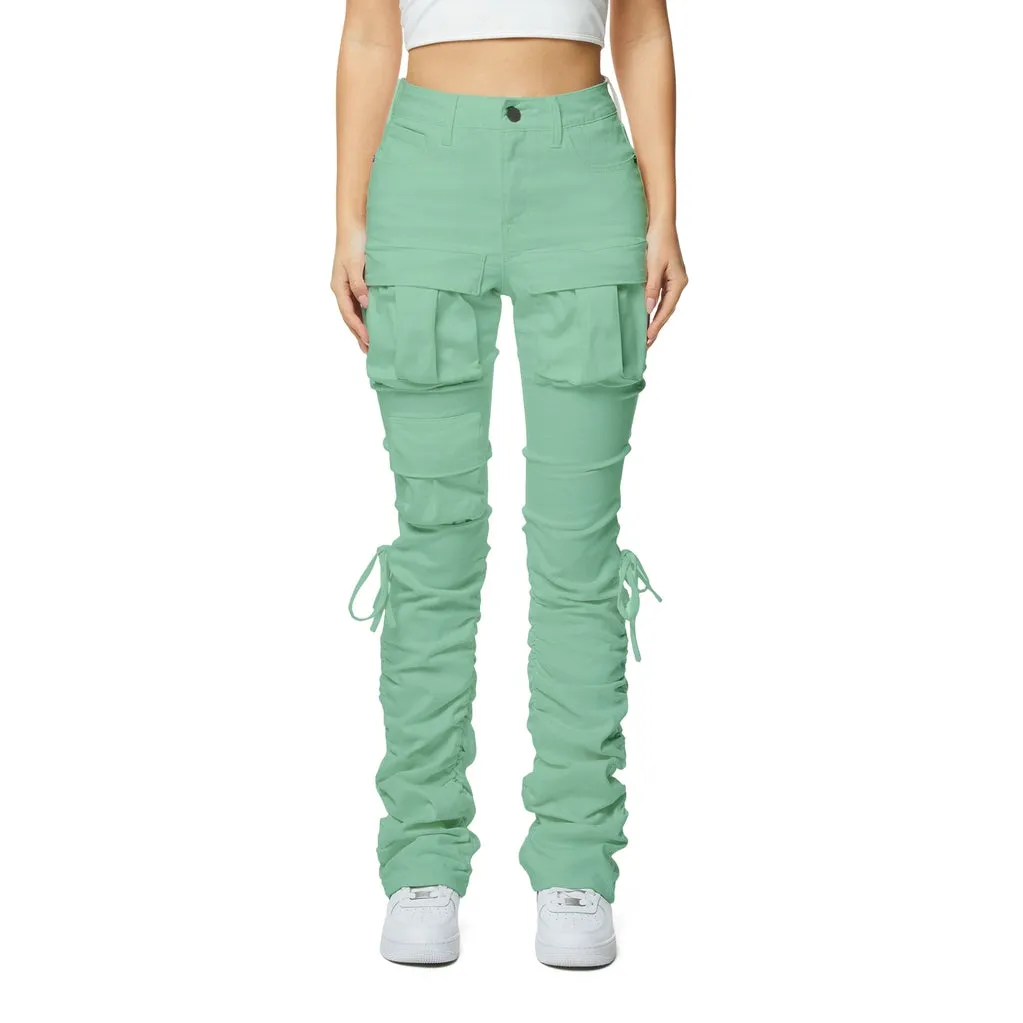 High Rise Strap Bootcut Twill Pants - Mint