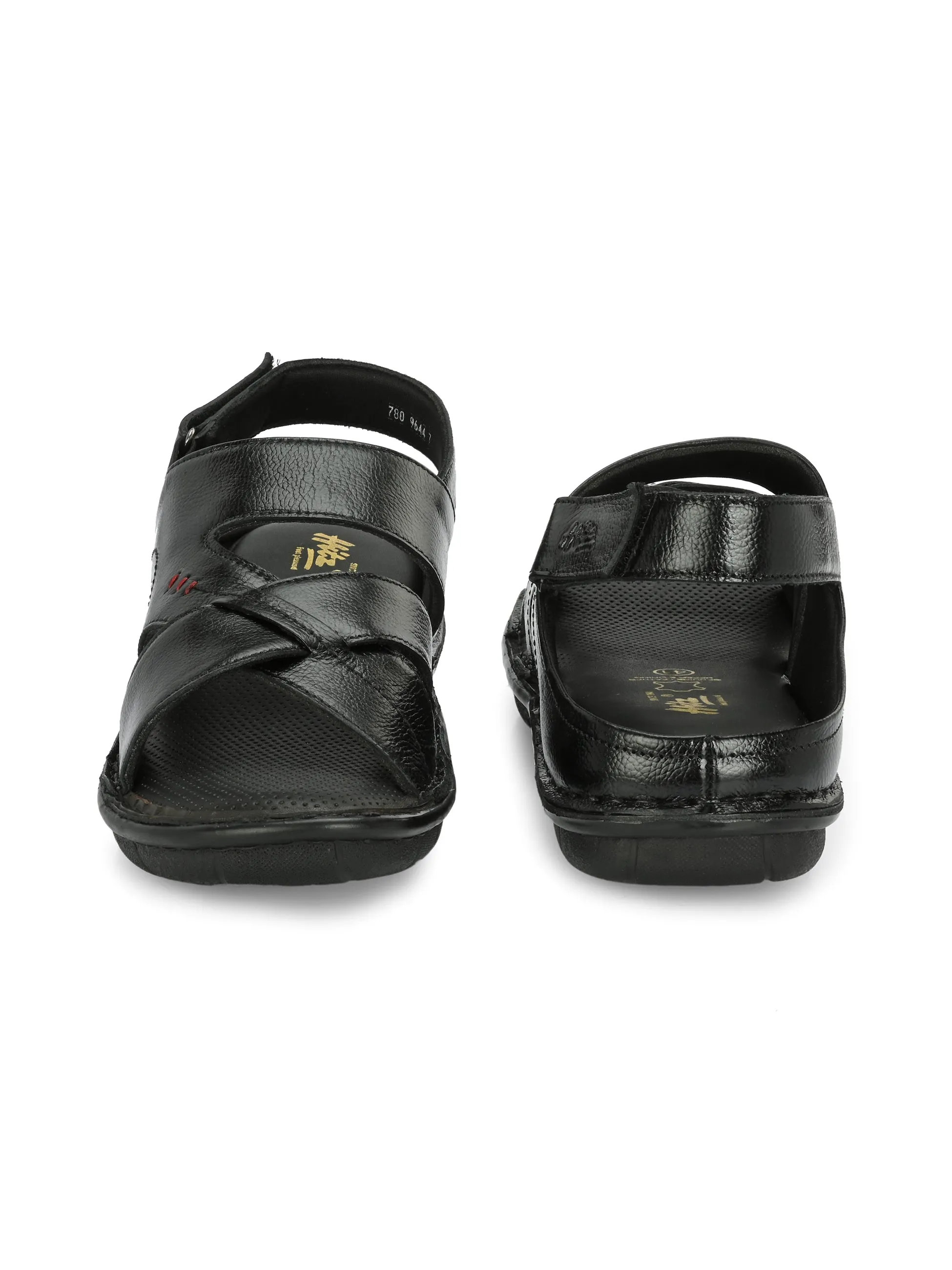 Hitz Men's Black Leather Open Toe Comfort Sandals with Velcro Closure