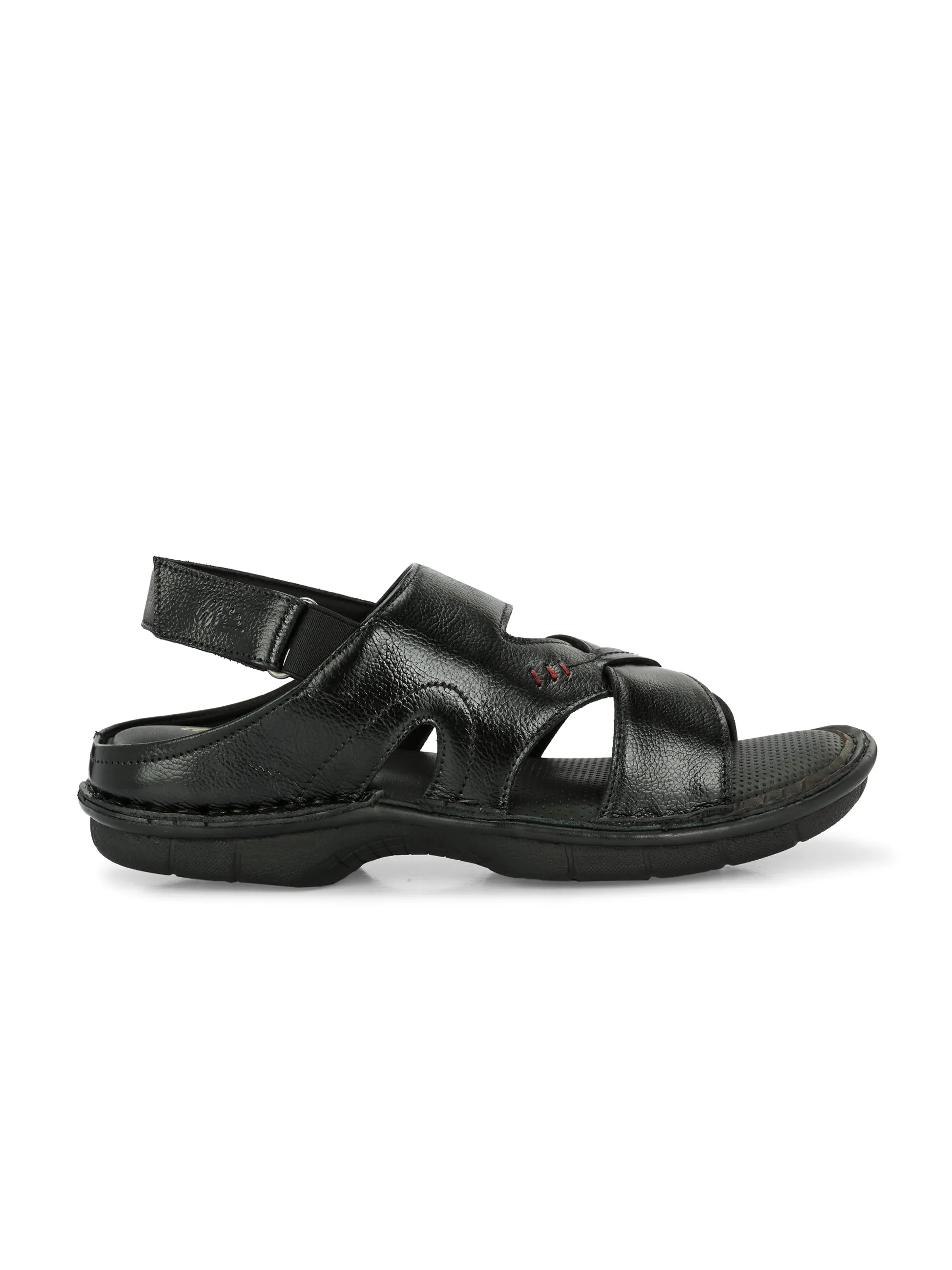 Hitz Men's Black Leather Open Toe Comfort Sandals with Velcro Closure