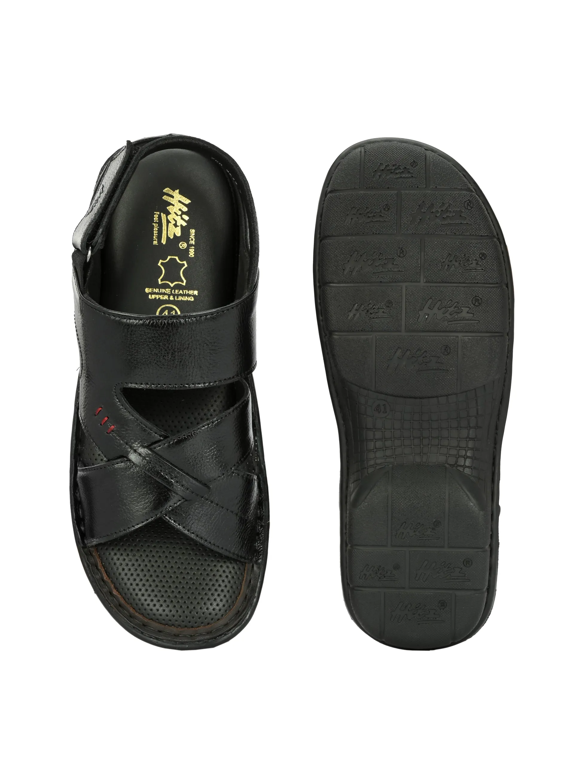 Hitz Men's Black Leather Open Toe Comfort Sandals with Velcro Closure