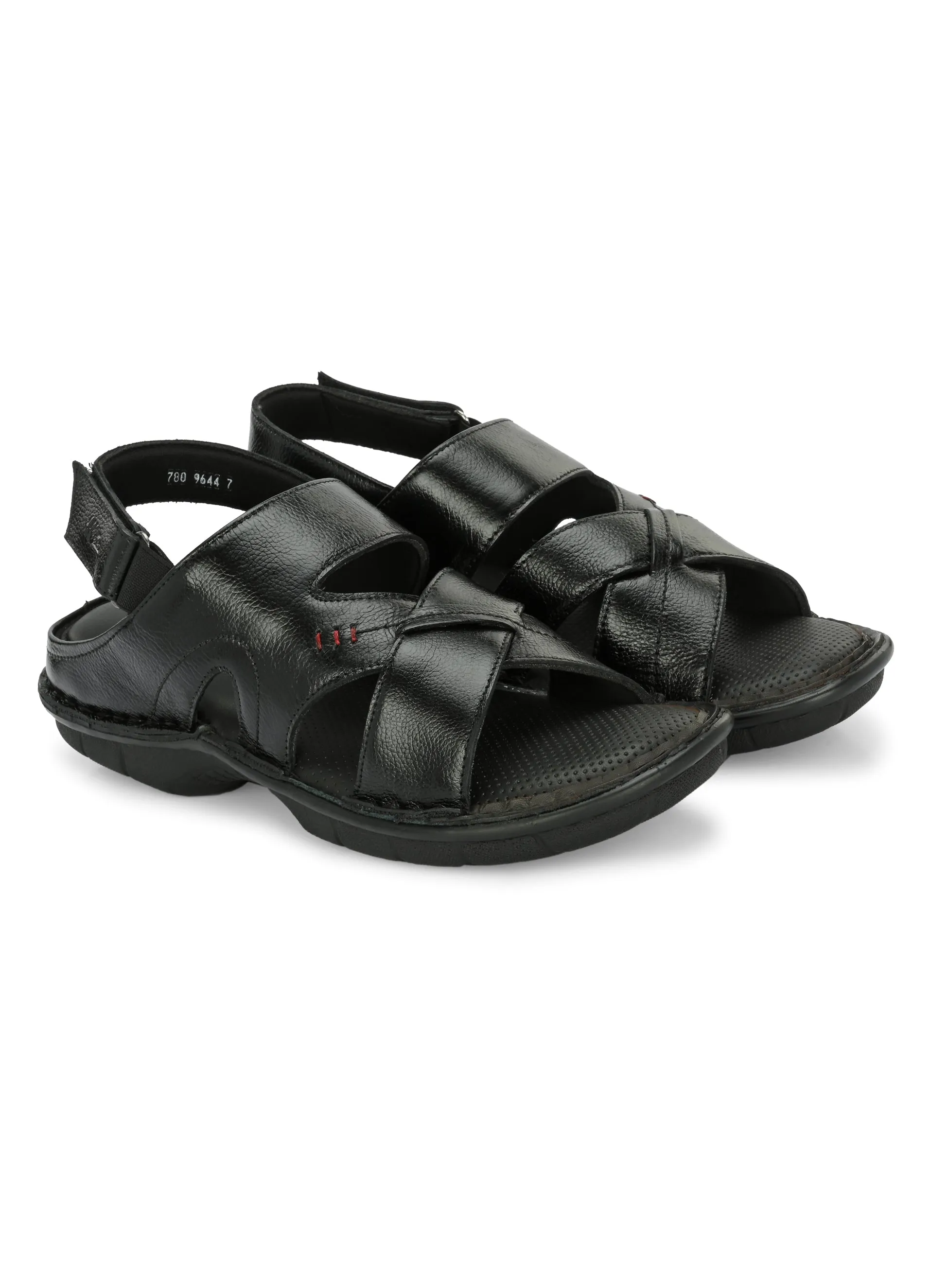 Hitz Men's Black Leather Open Toe Comfort Sandals with Velcro Closure