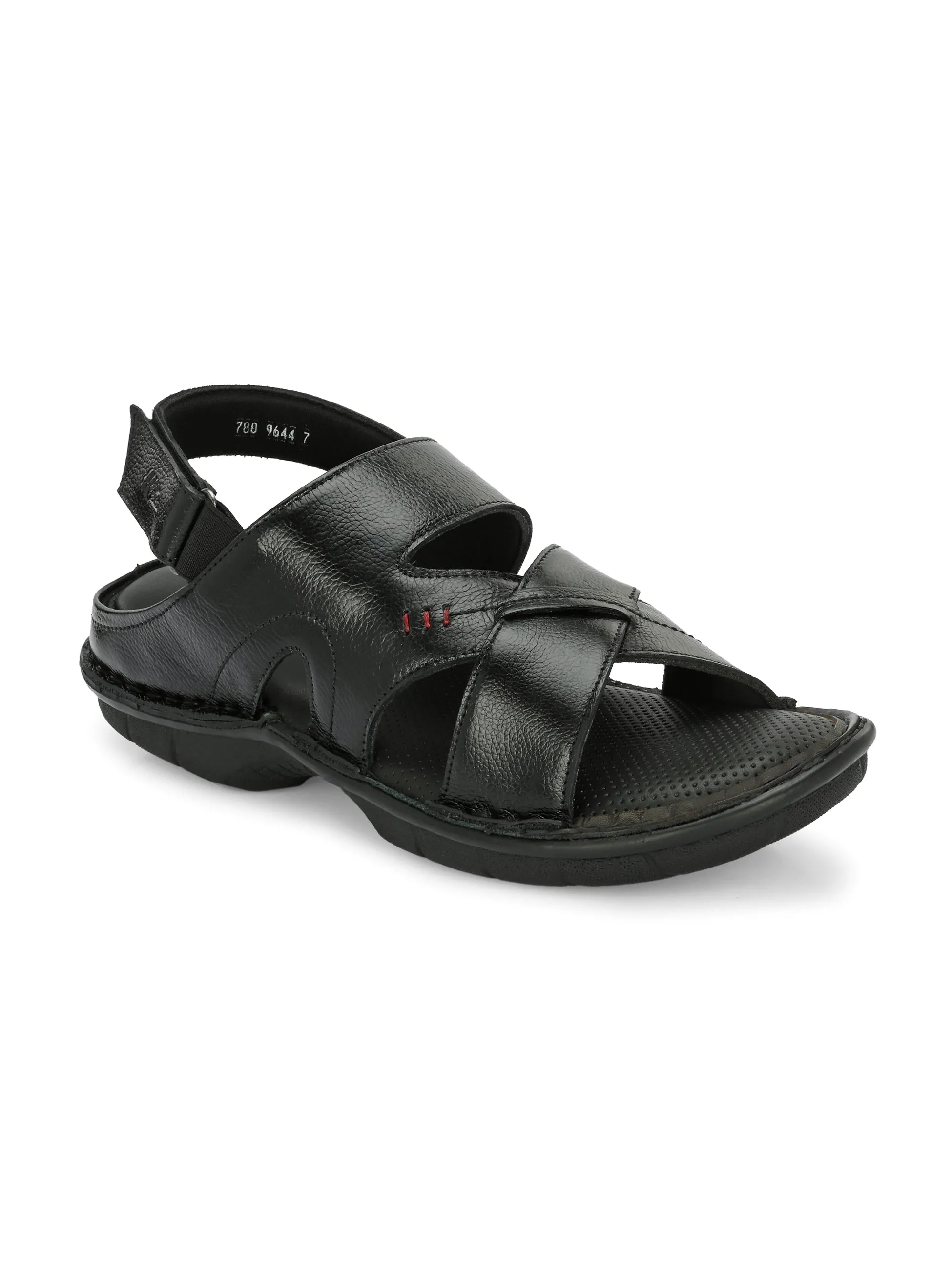 Hitz Men's Black Leather Open Toe Comfort Sandals with Velcro Closure