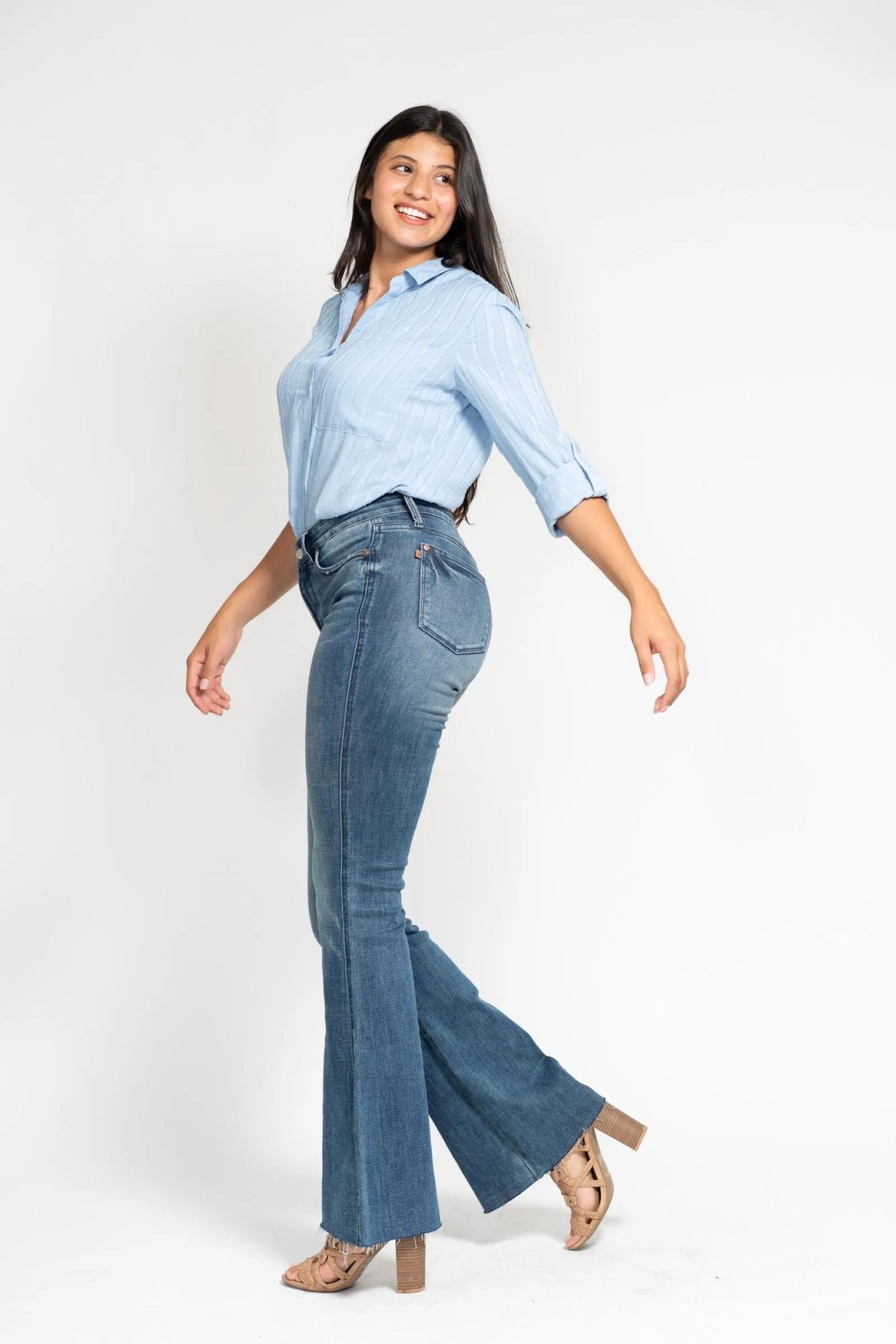 Judy Blue Mid Rise Tummy Control Vintage Wash Cut Hem Flare