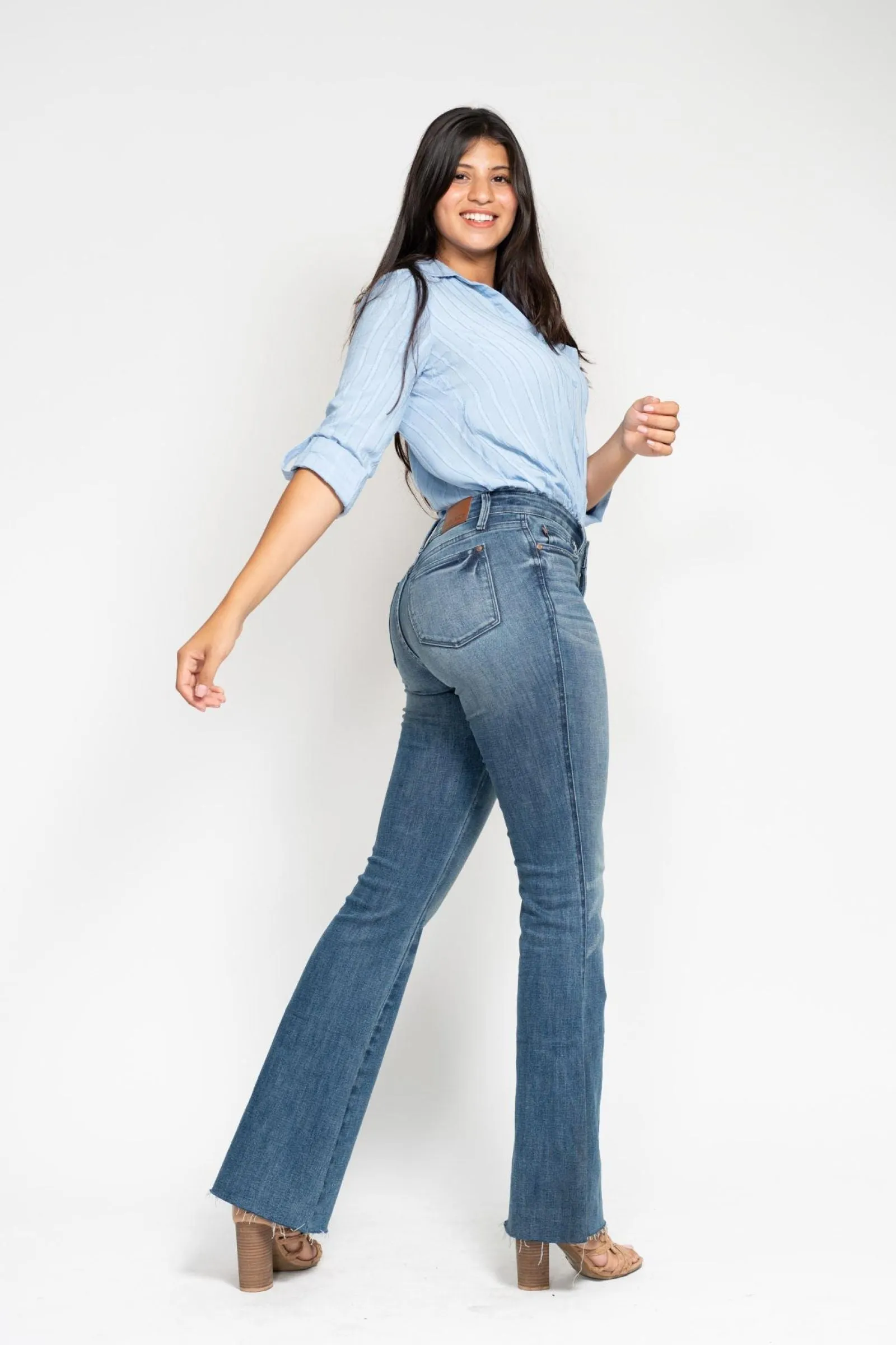 Judy Blue Mid Rise Tummy Control Vintage Wash Cut Hem Flare