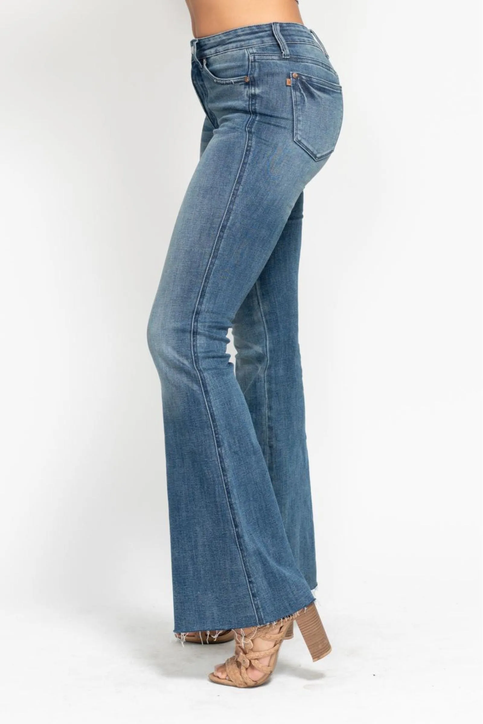 Judy Blue Mid Rise Tummy Control Vintage Wash Cut Hem Flare