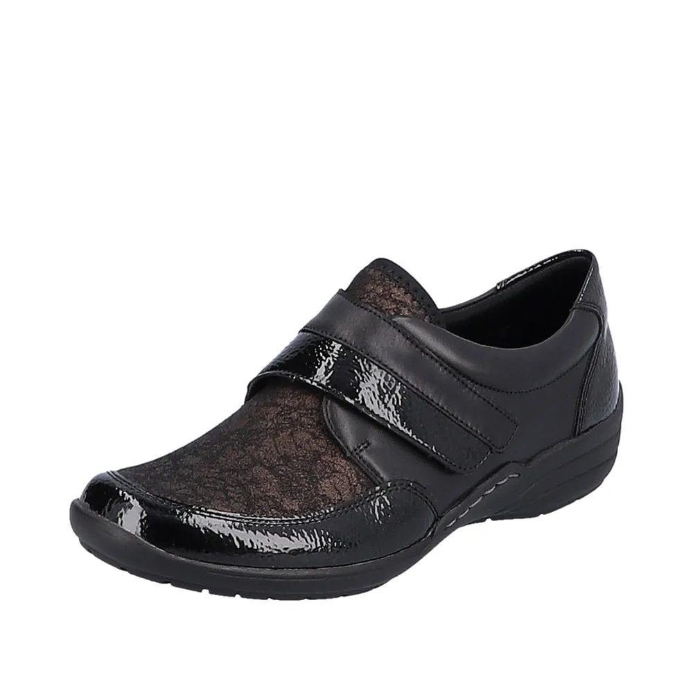 Ladies Strap Over Remonte Shoes Black Patent Mix Wider Fit R7600-03