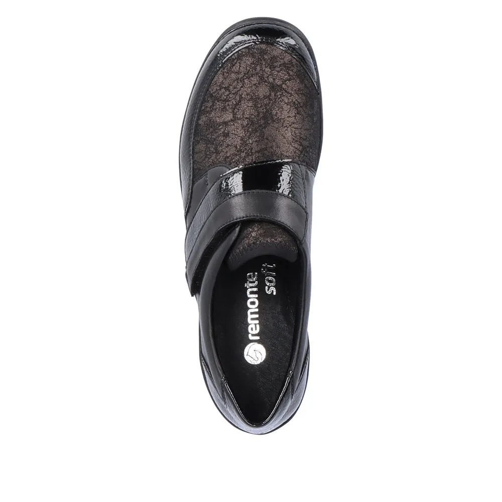 Ladies Strap Over Remonte Shoes Black Patent Mix Wider Fit R7600-03