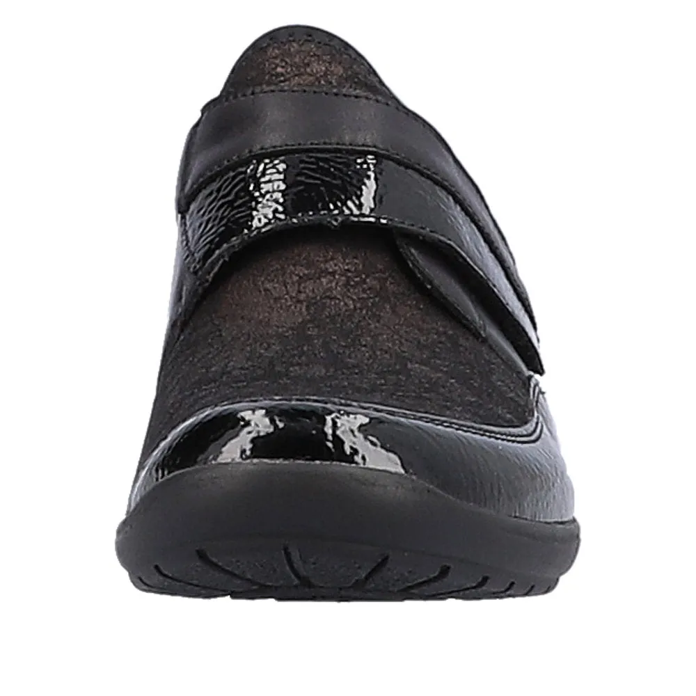 Ladies Strap Over Remonte Shoes Black Patent Mix Wider Fit R7600-03