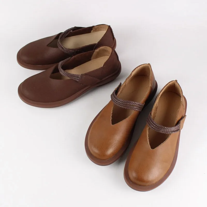 Leather Mary Jane Shoes For Womens Round Toe Flat Handmade Brown/Coffee