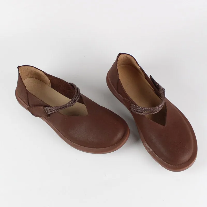 Leather Mary Jane Shoes For Womens Round Toe Flat Handmade Brown/Coffee