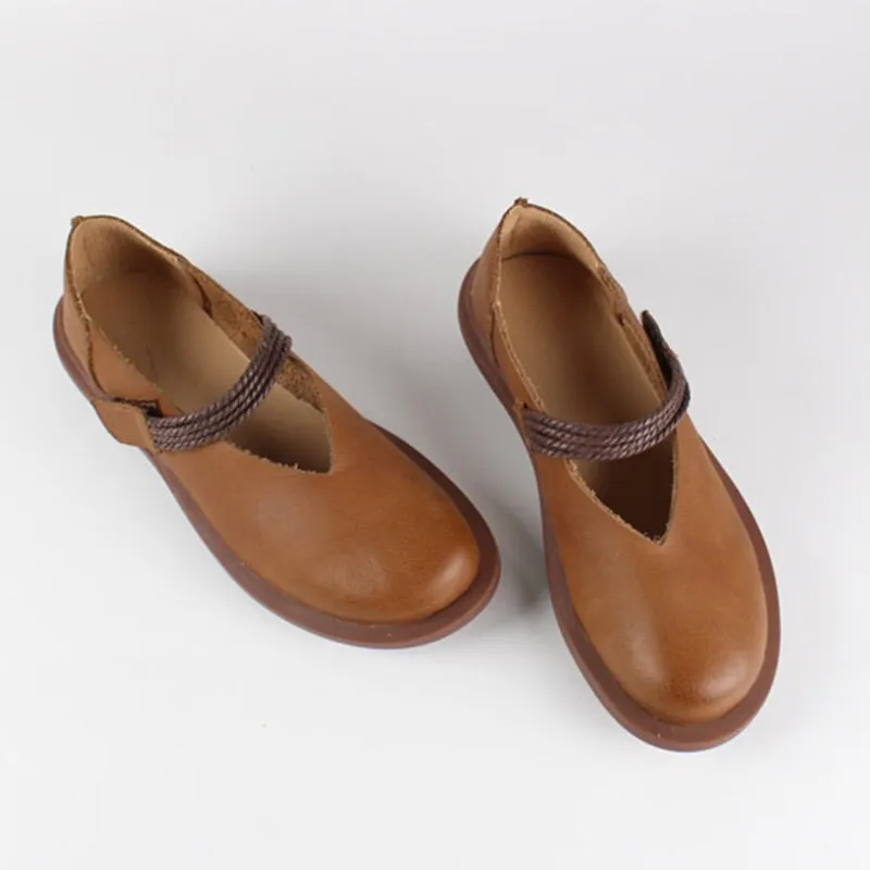 Leather Mary Jane Shoes For Womens Round Toe Flat Handmade Brown/Coffee