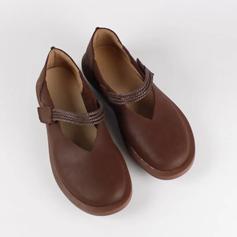 Leather Mary Jane Shoes For Womens Round Toe Flat Handmade Brown/Coffee