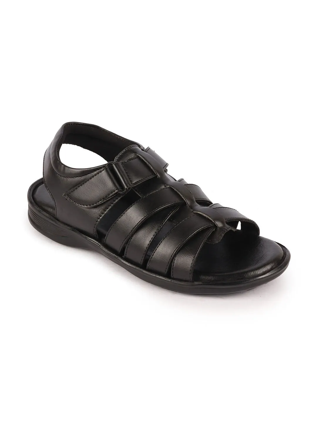 Men Black Multi Cross Strap Broad Feet Open Toe Casual Dress Sandals