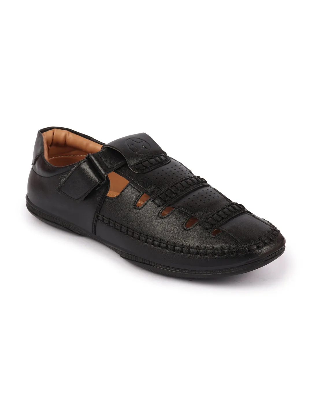 Men Black Stitched Design Roman Sandals with Ankle Strap