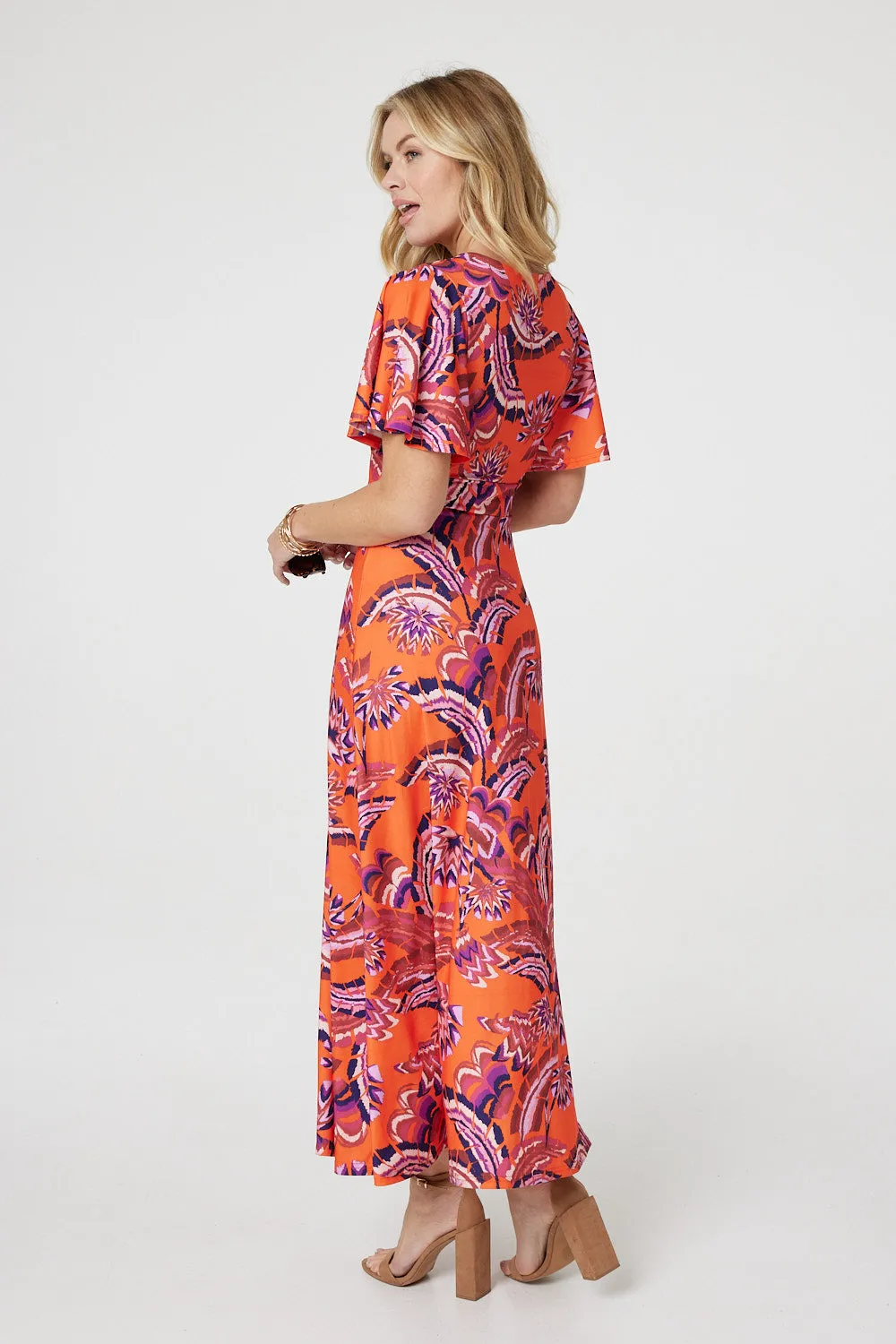 Printed Angel Sleeve Midi Dress