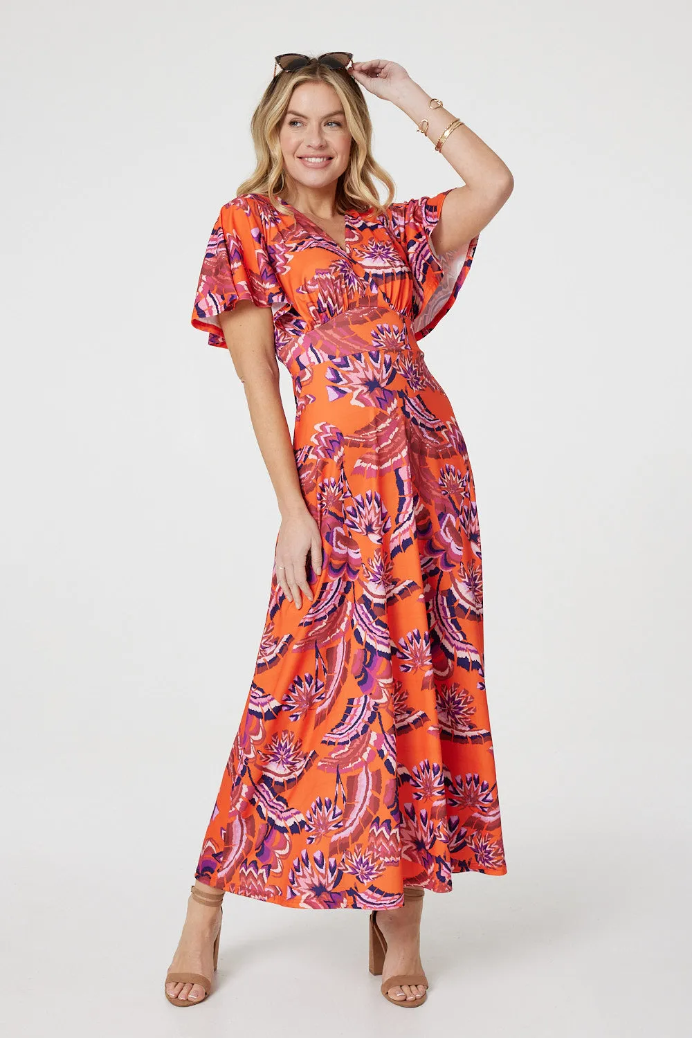 Printed Angel Sleeve Midi Dress