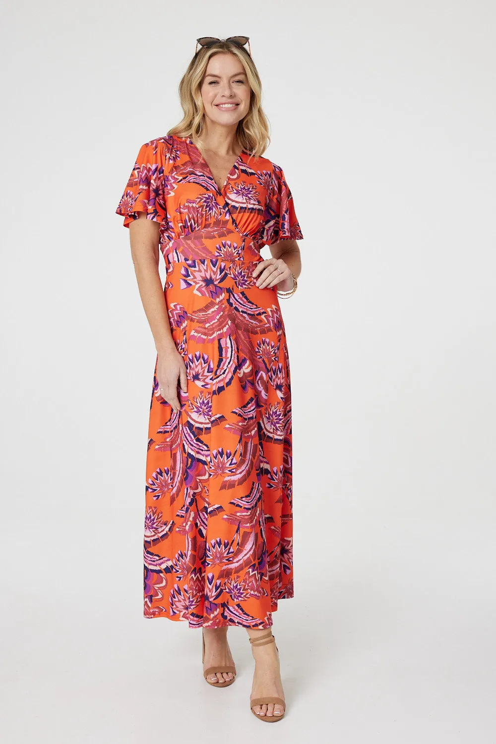 Printed Angel Sleeve Midi Dress