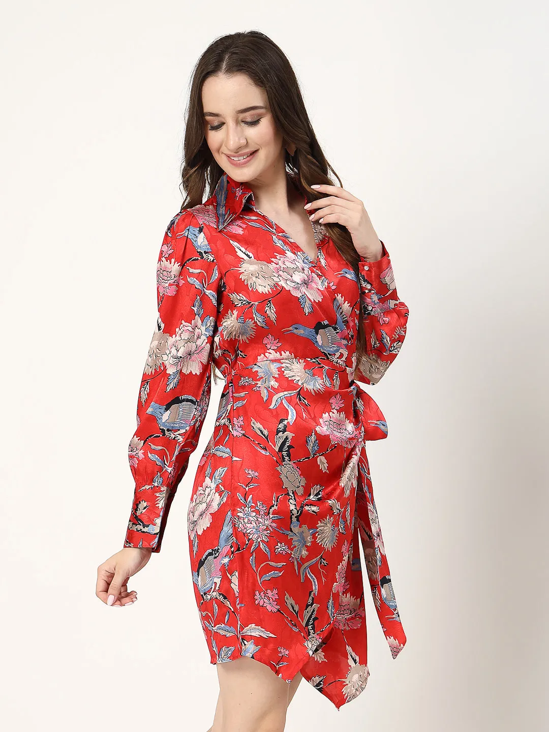 Red Floral Long Sleeve Wrap Dress