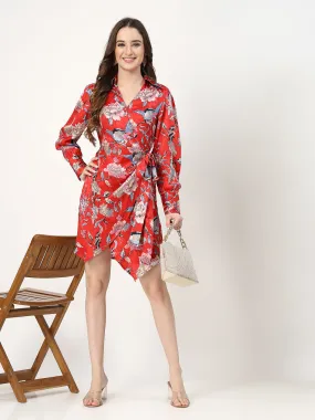 Red Floral Long Sleeve Wrap Dress