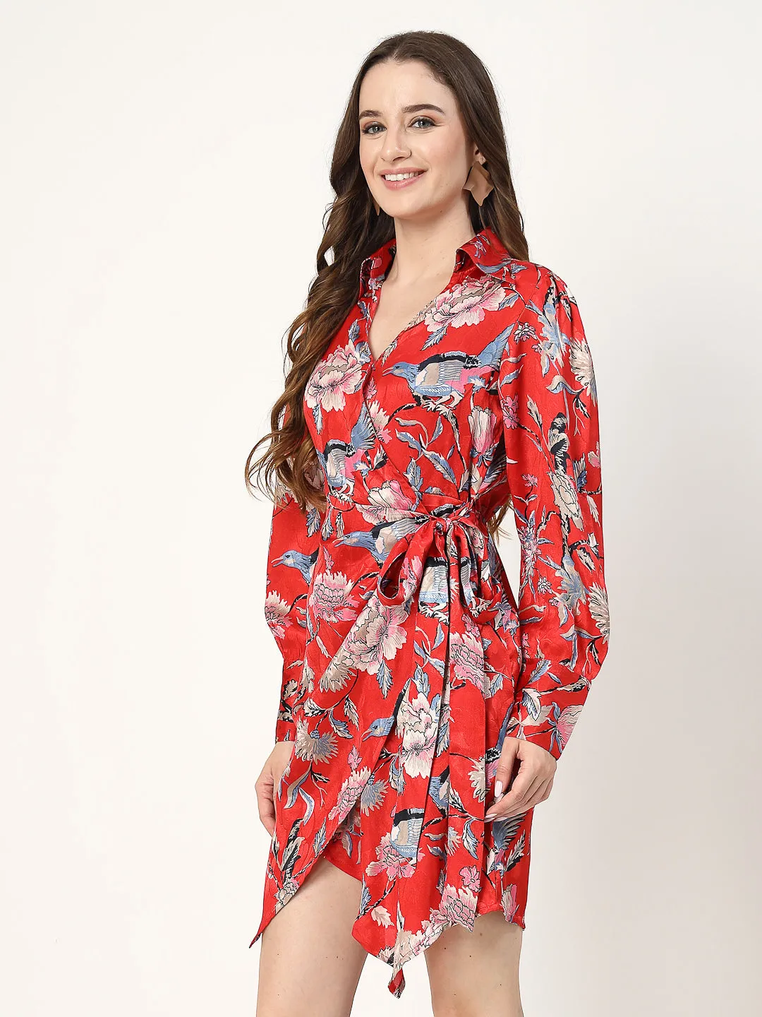 Red Floral Long Sleeve Wrap Dress