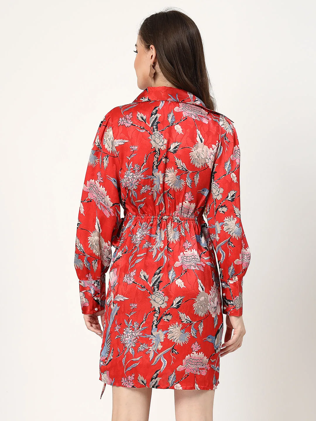 Red Floral Long Sleeve Wrap Dress